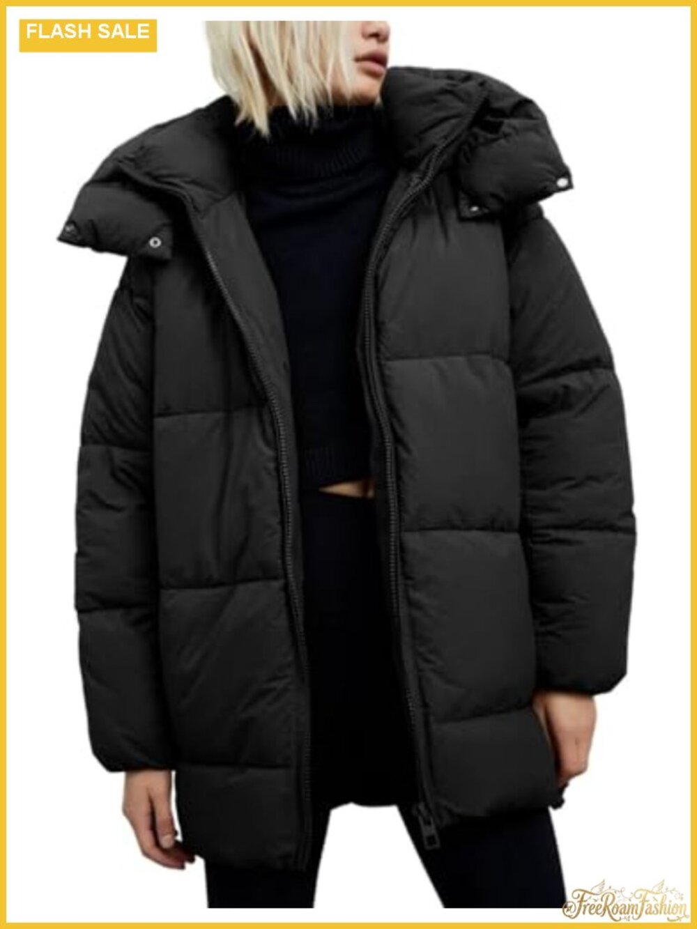 Womens Quilted Puffer Coat Hooded Oversized Mid-Length Winter Jacket
